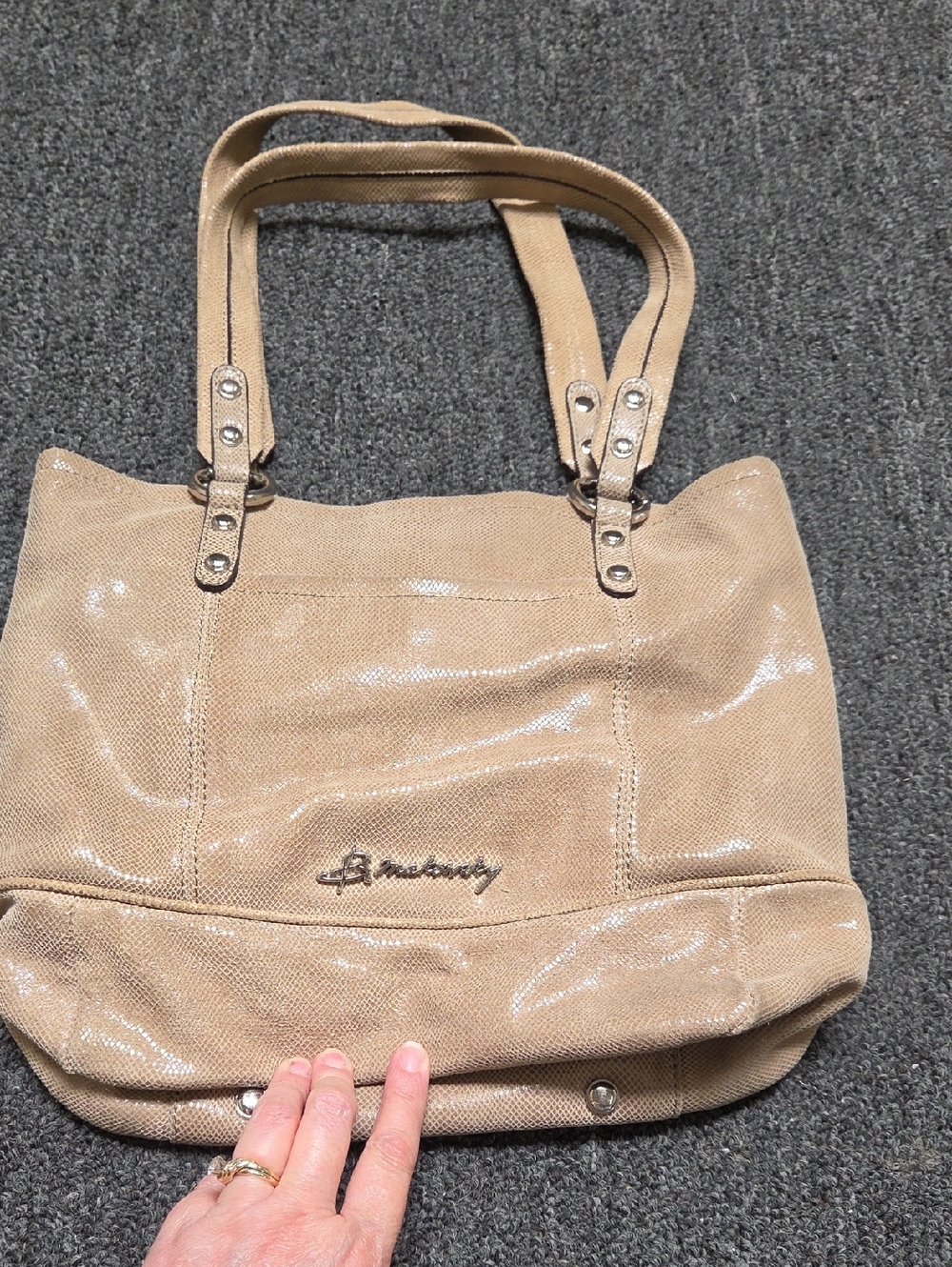 B Makowsky Shiny Taupe Leather Tote with Double Handles